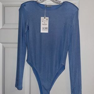 Zara Blue Long-sleeve Bodysuit with shoulder pads
